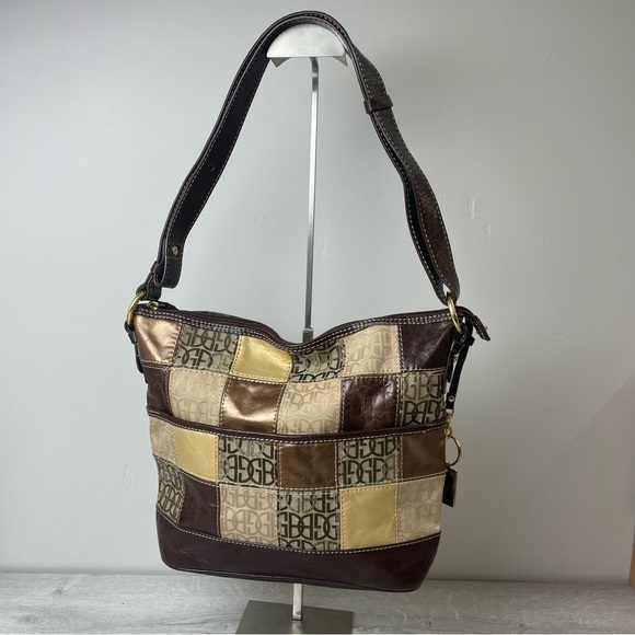 VINTAGE Giani Bernini Brown and Gold Patchwork Leather Hobo Shoulder bag - Picture 4 of 11